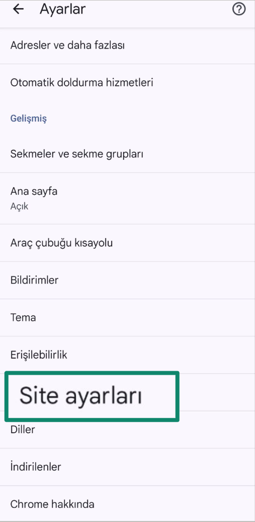 Chrome settings screen with Site settings option highlighted.