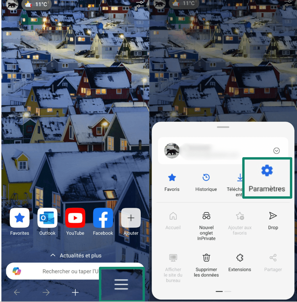 Opening Edge settings from the menu on Android