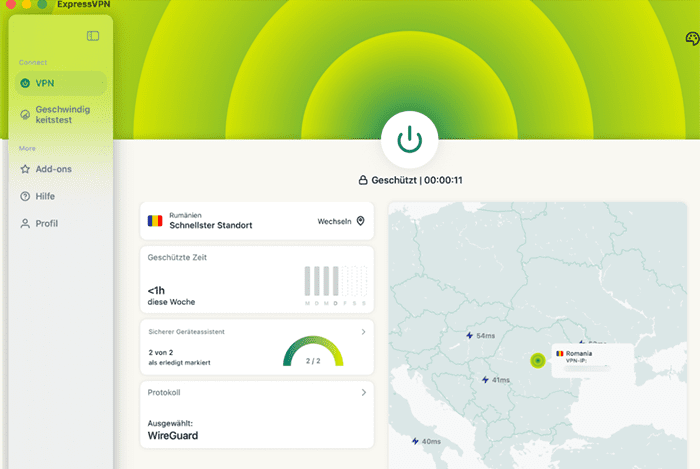ExpressVPN's macOS app, showing the VPN connected