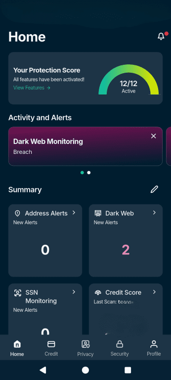 Screenshot of the ExpressVPN Identity Defender app main dashboard
