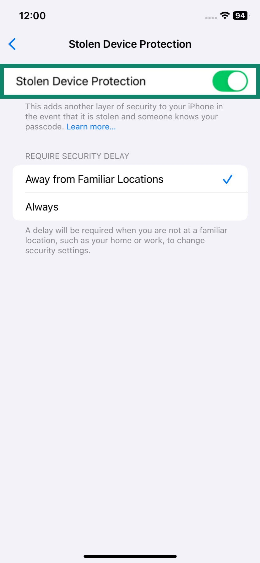 Screenshot of the iPhone Stolen Device Protection settings screen, with the “Stolen Device Protection” toggle highlighted in the on position.