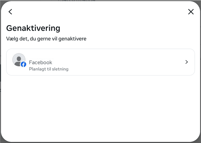 Facebook screen for selecting an additional profile to reactivate.