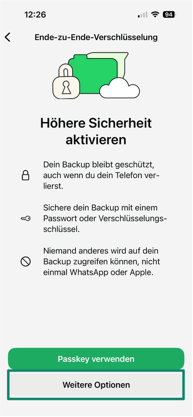 Encrypted backup screen on iPhone showing Turn on option for end-to-end encryption