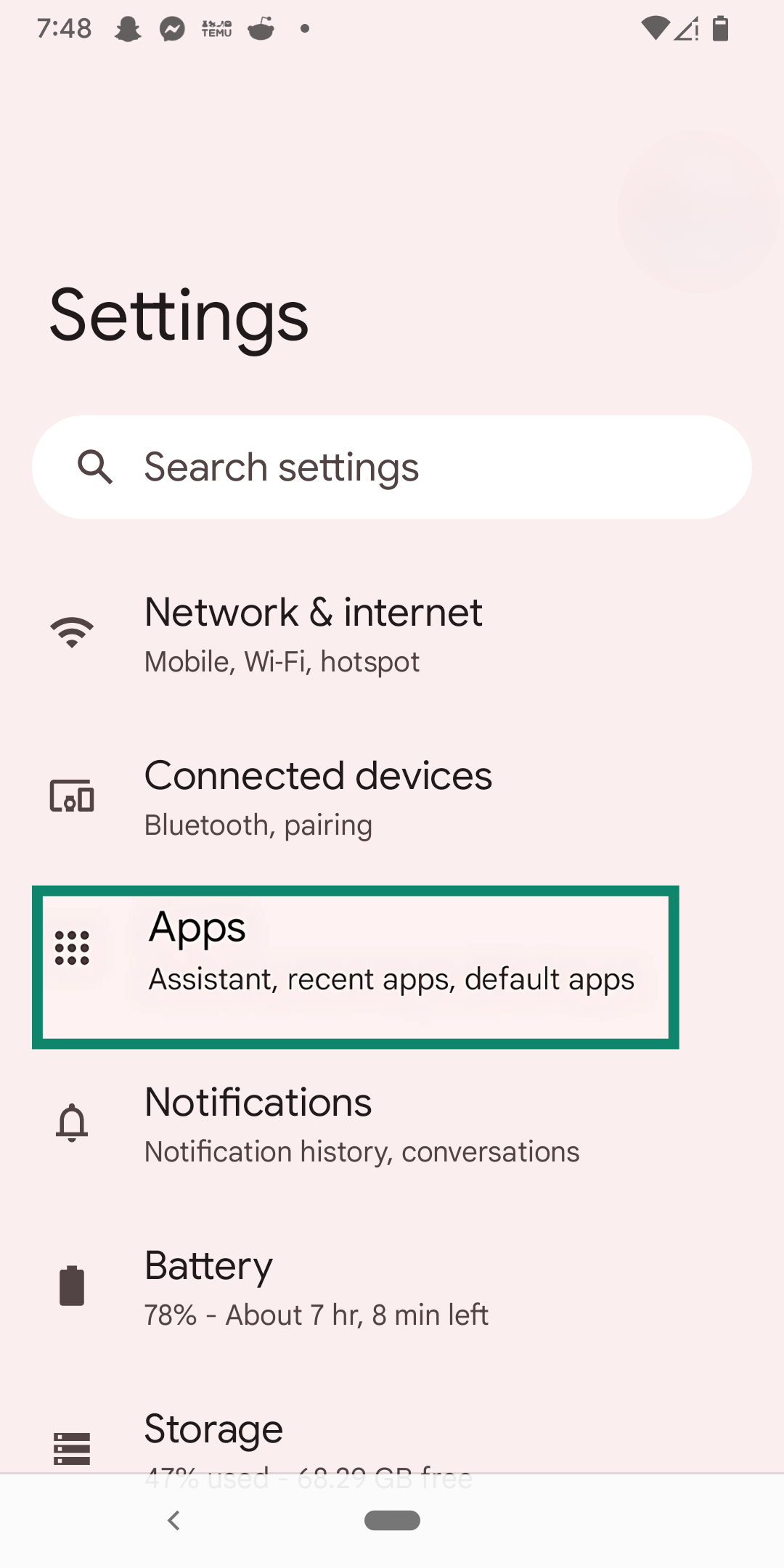 The Apps settings on Android.