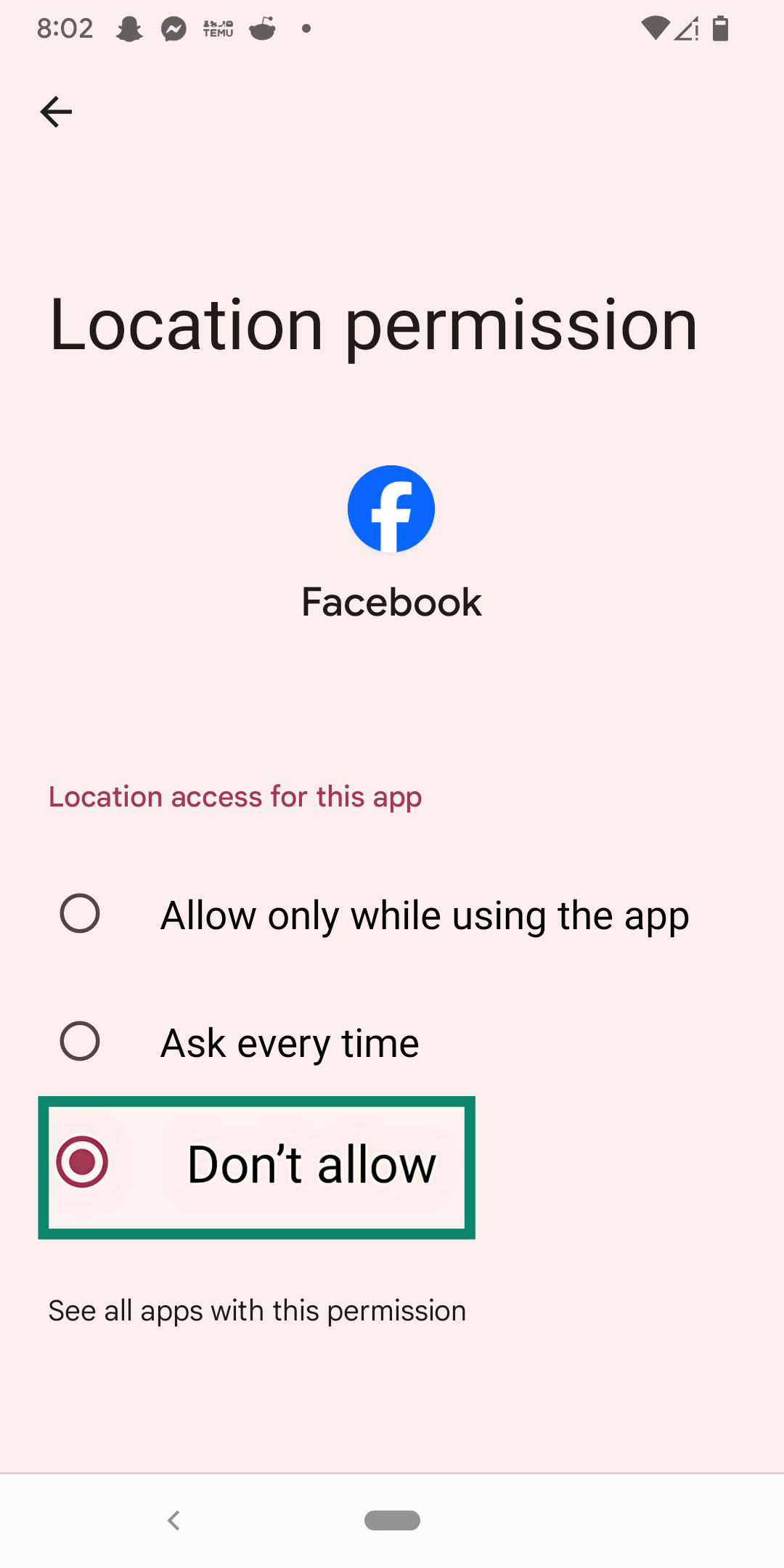 Choosing Don't allow in the Facebook location permissions.