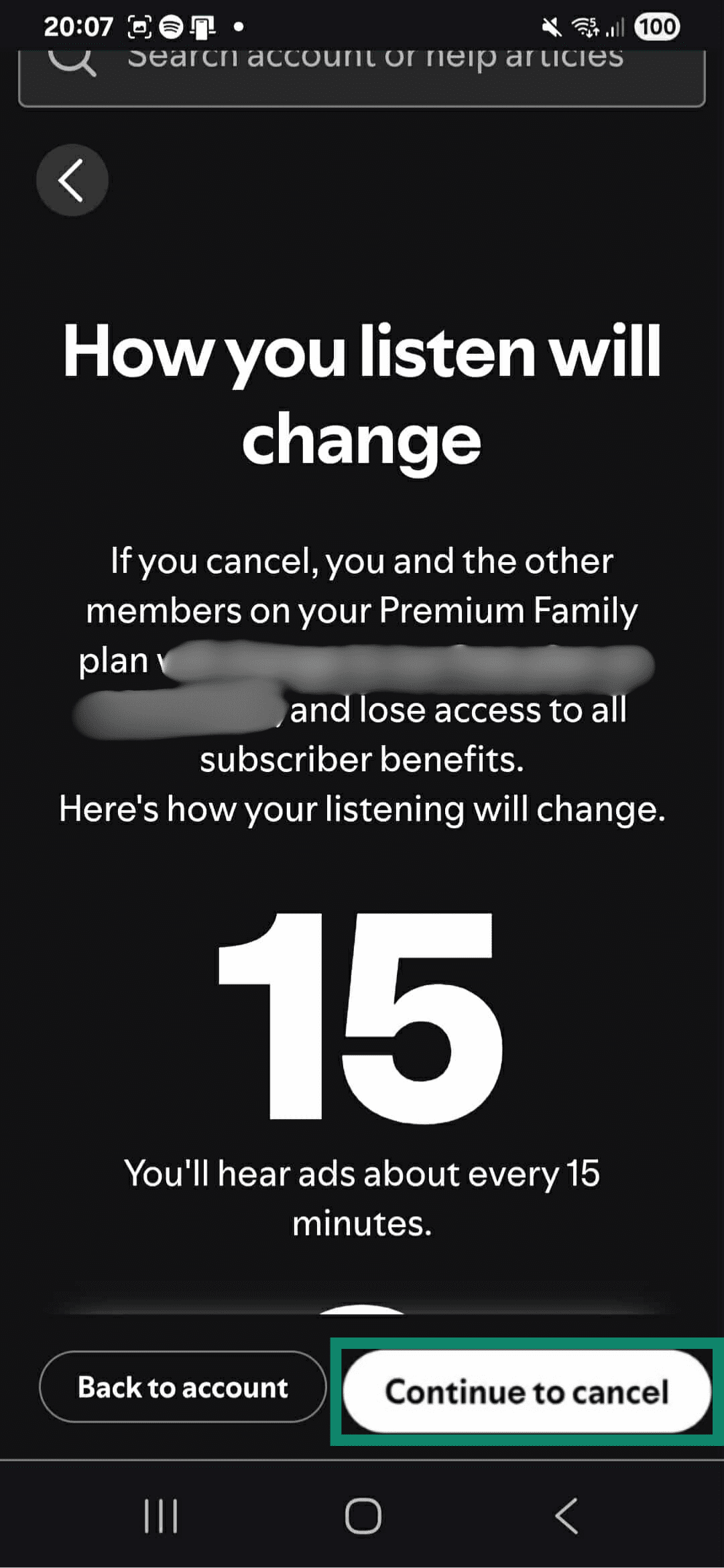 A screenshot showing the alert that comes when a user proceeds toward canceling a premium plan.