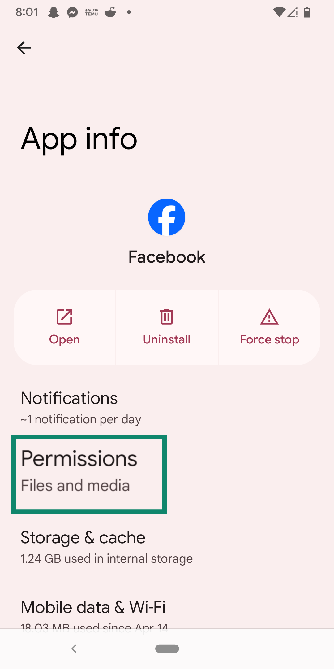The Facebook Permissions settings.