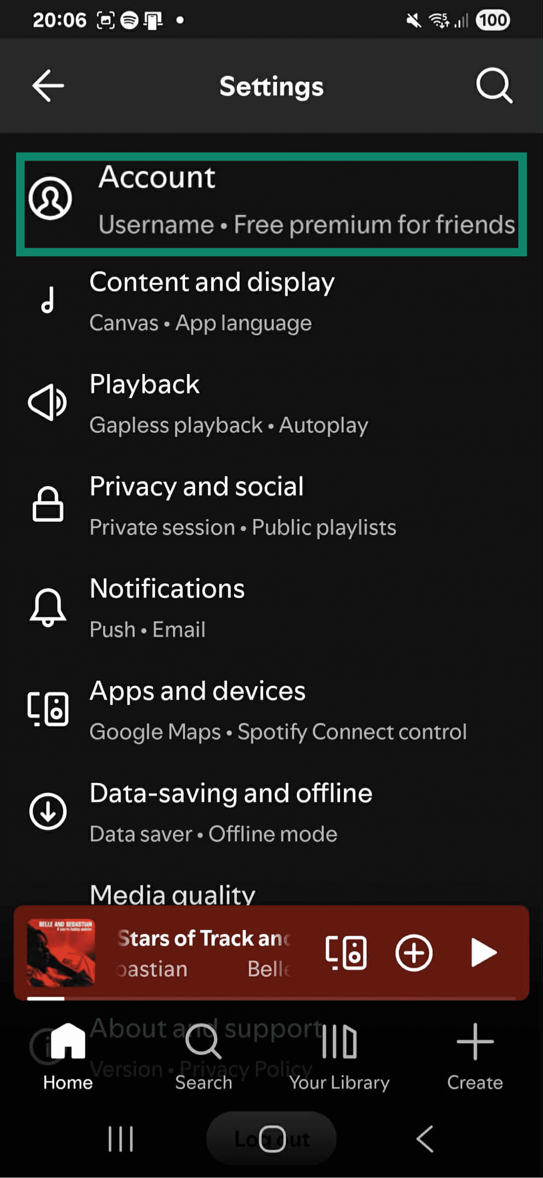 An image of the Spotify settings page, as seen through the mobile app.