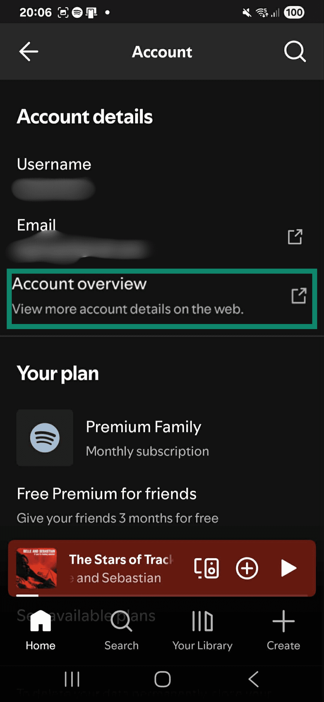 A picture of a Spotify account page highlighting the external link to Account overview.