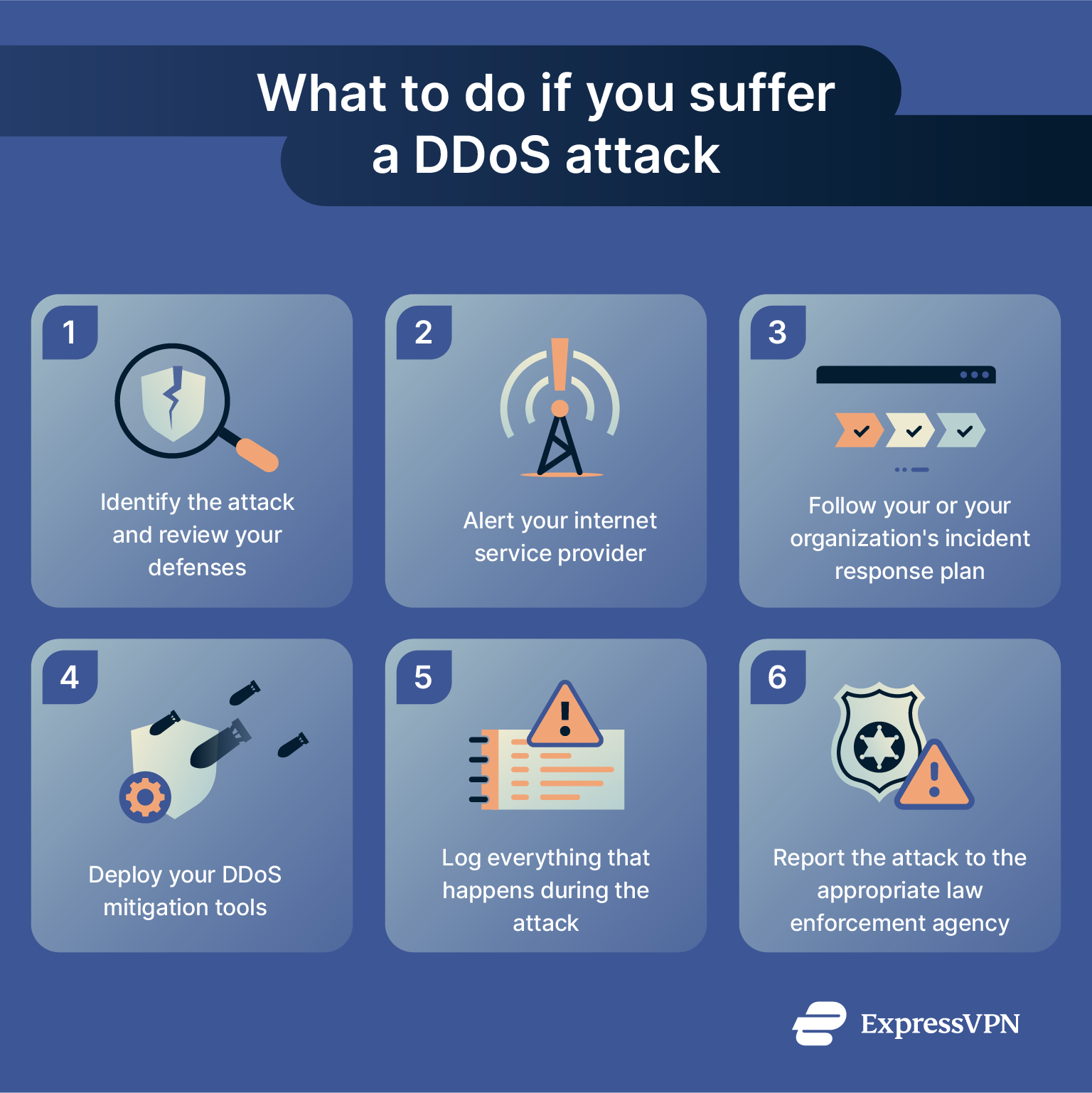 Infographic detailing steps to take if you suffer a DDoS attack.
