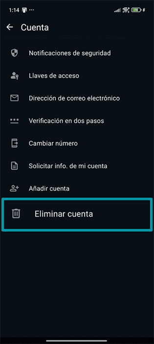 The Account page of the WhatsApp settings menu, showing the Delete account button.
