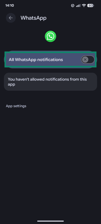 The notifications page for WhatsApp on Android, showing the option to toggle all notifications off.