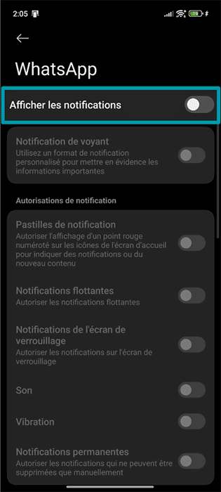 The notifications page for WhatsApp on Android, showing the option to toggle all notifications off.