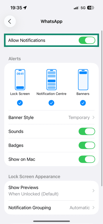 The WhatsApp notifications settings on iPhone, showing the option to disable all notifications.