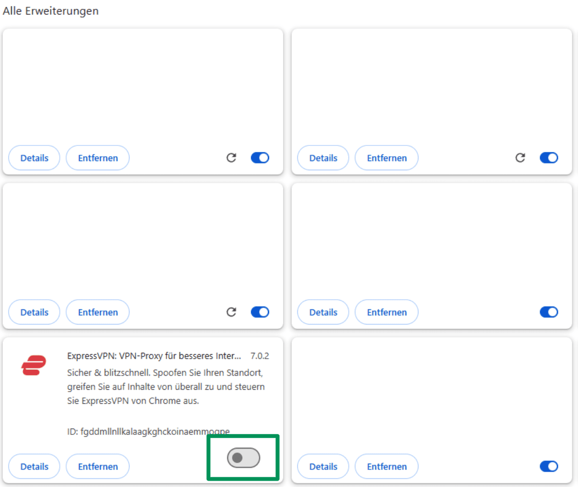 A screenshot of the Chrome Extensions page, showing the option to disable the ExpressVPN client.