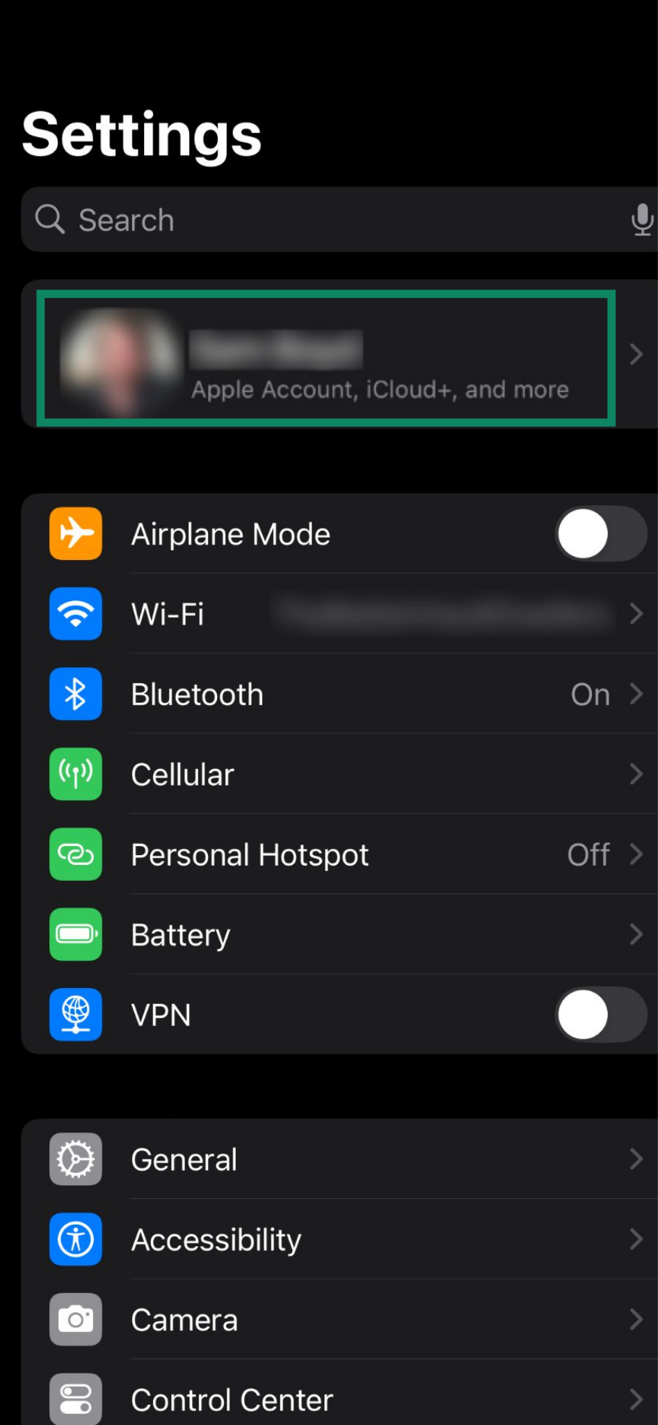 Screenshot showing Apple's settings app, with the Apple Account name highlighted