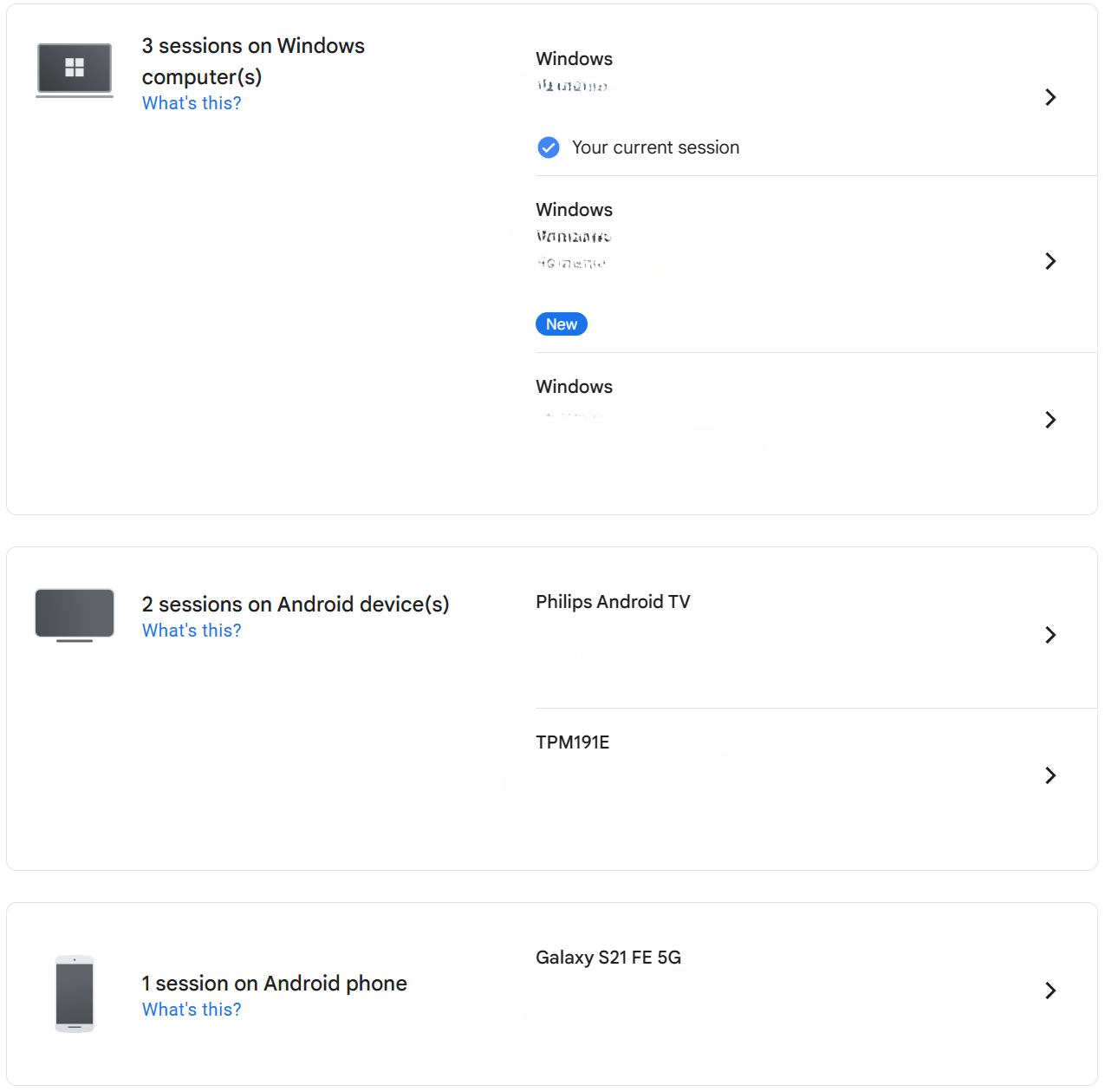 A list of devices signed into a Google account.
