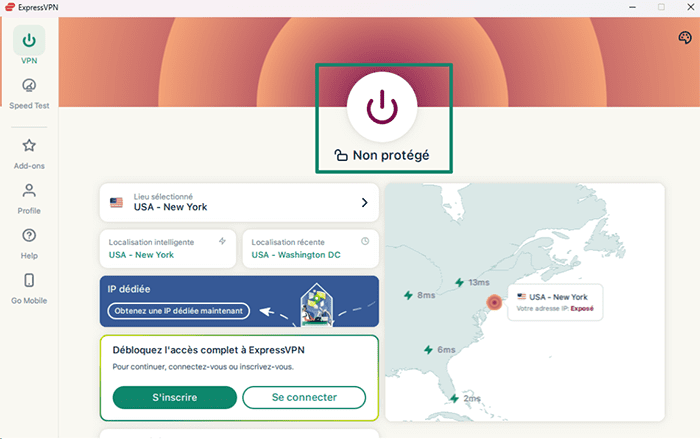ExpressVPN's app on Windows, with a highlighted power button.