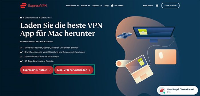 ExpressVPN download page for the Mac app, with a highlighted "Download Mac VPN" button.