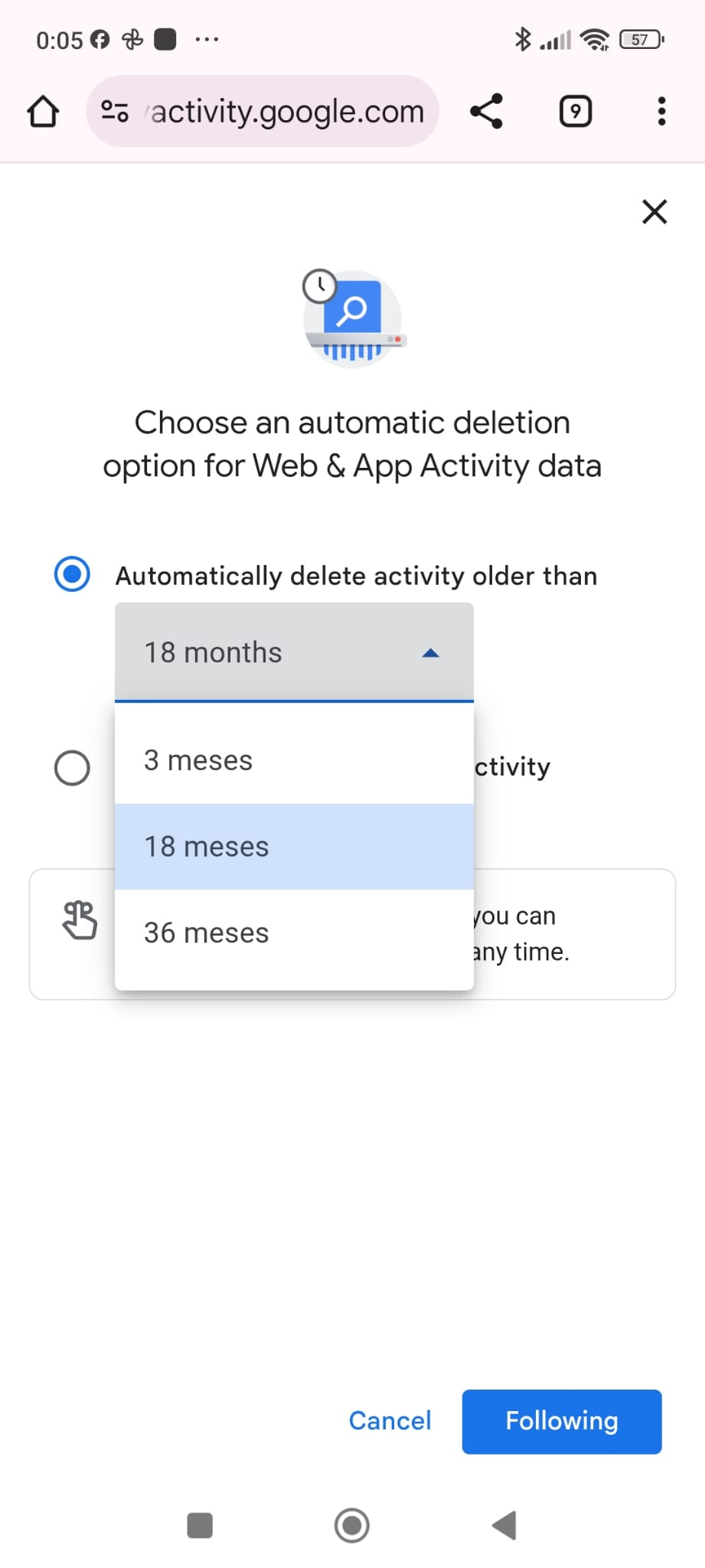 Google Web & App Activity automatic deletion options.