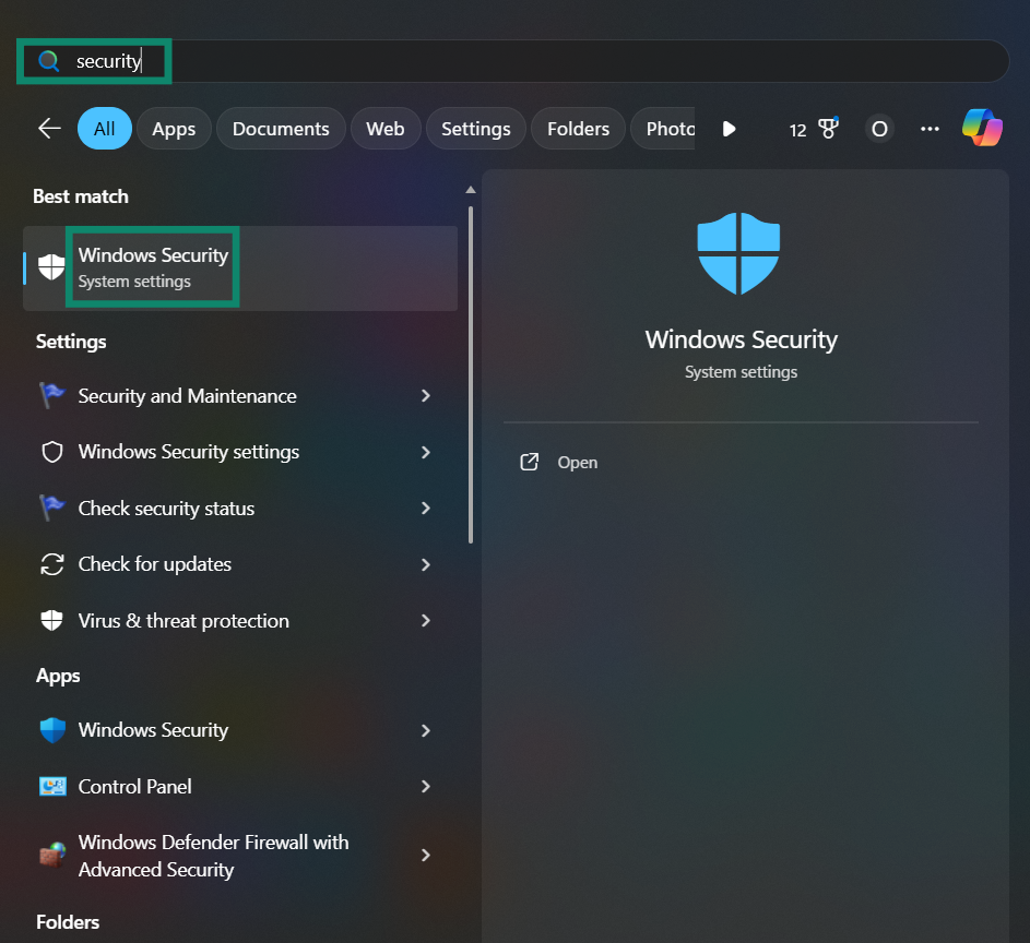 The Windows Start menu with a "security" search and the Windows Security option highlighted.