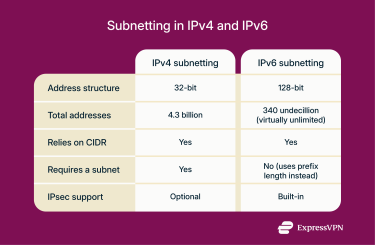 Infographic detailing how subnetting works in IPv4 and IPv6
