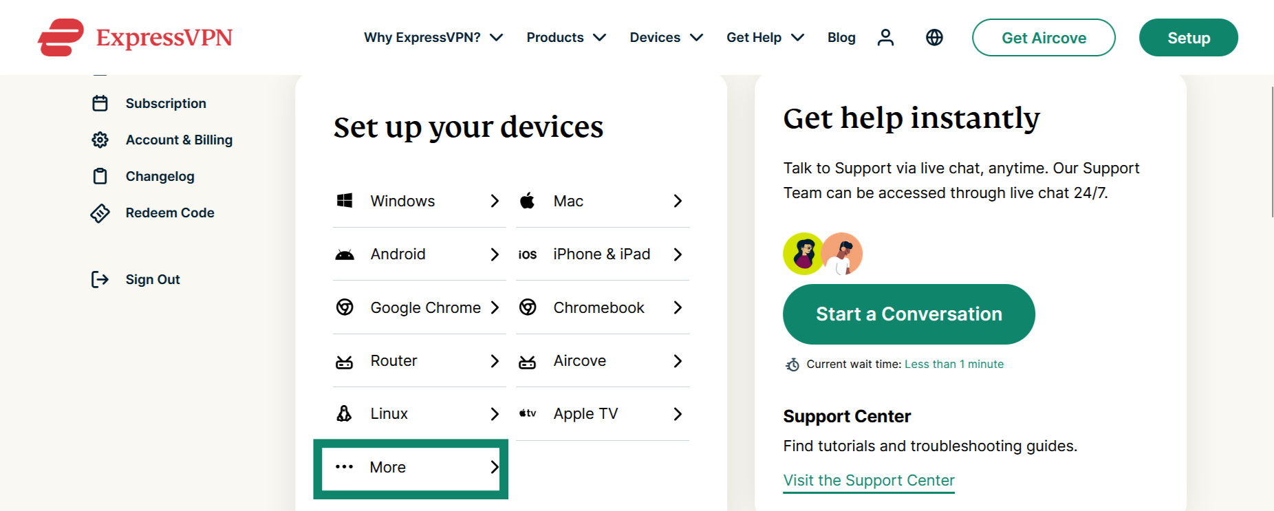 Accessing more setup options in ExpressVPN web portal.