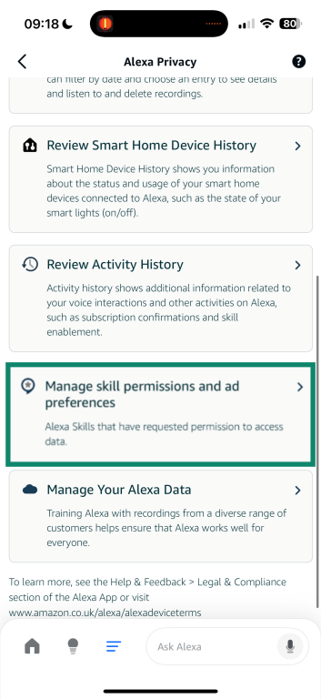 Skill Permissions and Ad Preferences in Alexa Privacy.