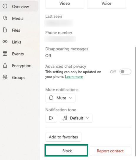 Image showing the block contact button on the WhatsApp desktop app.