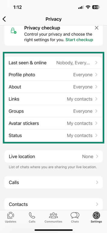 Privacy options in WhatsApp