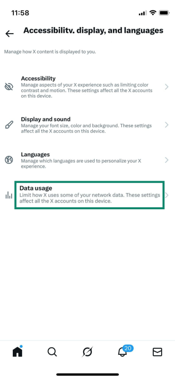 Data usage setting in the Twitter (X) app.