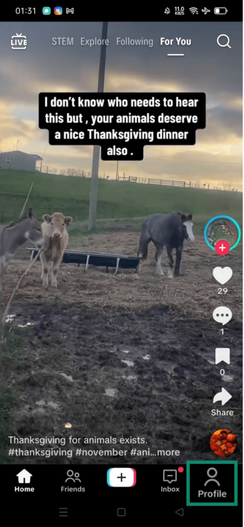 TikTok For You feed with the Profile button highlighted in the bottom navigation bar.