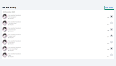 The search history displayed in the Facebook activity log. The "Clear searches" option is highlighted.