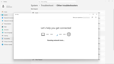 Windows Network Troubleshooter running connection tests.