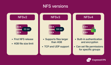 The three types of network file systems: NFS v2, NFS v3, NFs v4