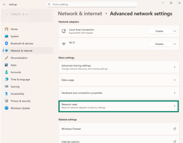 The Network reset option in the advanced network settings of the Windows 11 settings menu.