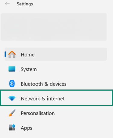 The Windows 11 Settings menu, with the “Network & internet” option highlighted in the navigation sidebar.