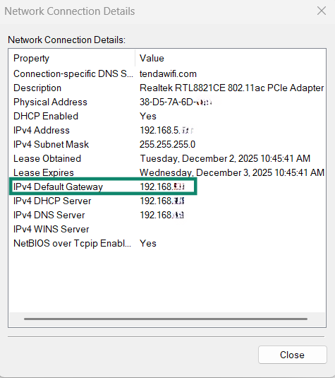 The Network Connection Details windows, highlighting the IPv4 default gateway row.