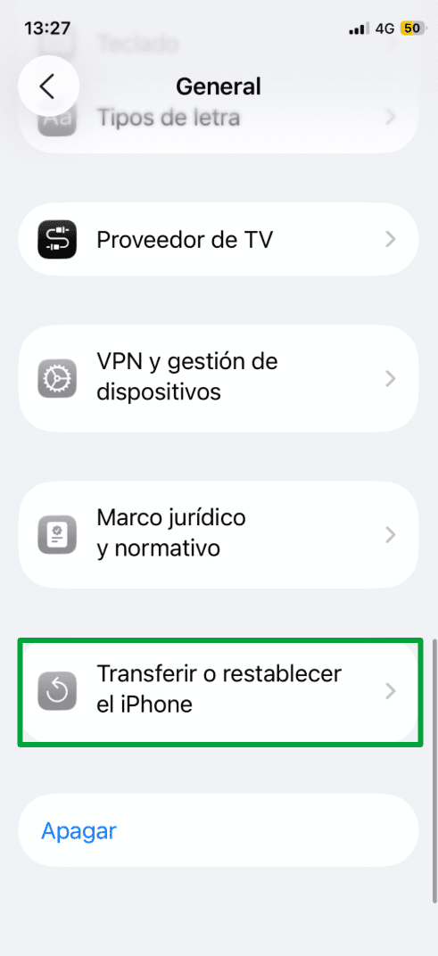 Transfer or Reset iPhone option in the Settings app.