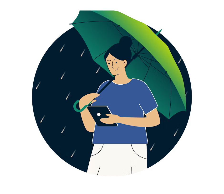 Person on phone in rain with umbrella.