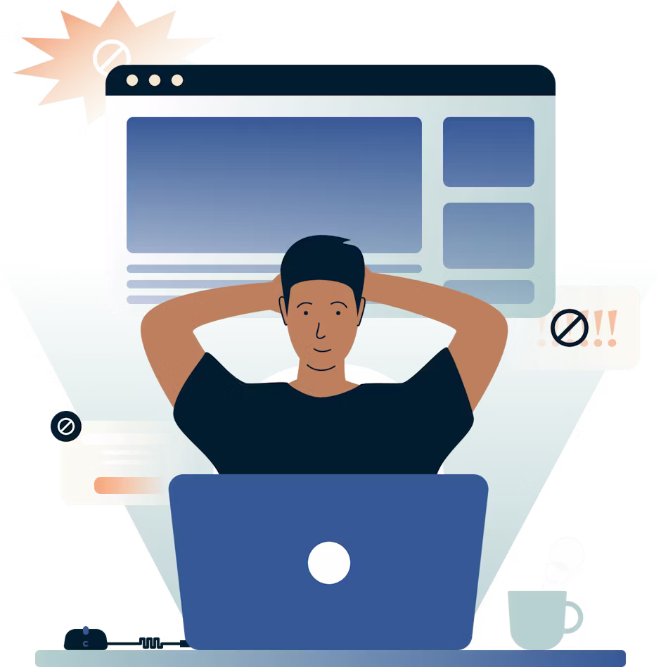 Laptop user person going online with ad blocker.