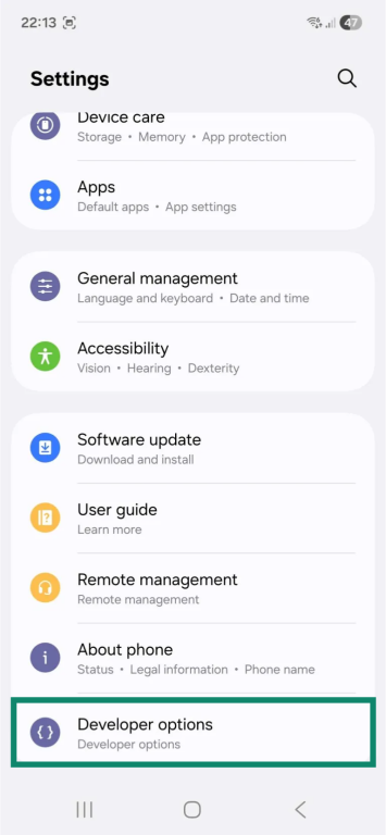 The "Settings" app on an Android phone. The "Developer options" tab is highlighted.