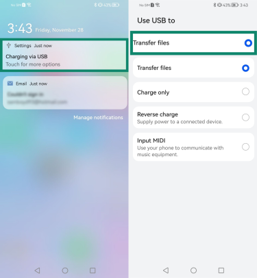Two Android screenshots side by side. The first image shows the "Charging via USB" page highlighted. The second image shows the "Use USB to" setting page on Android, with the "Transfer files" option highlighted.