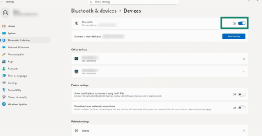 The "Bluetooth & devices" window in the Windows 11 "Settings" menu. The Bluetooth toggle button is set to the on position and is highlighted.