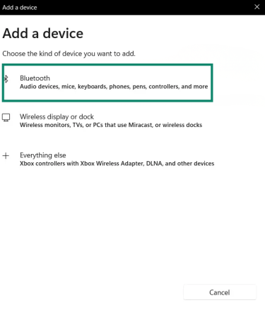 The "Add a device" window on the Windows 11 Bluetooth settings page. The "Bluetooth" option is highlighted.