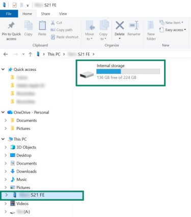 The main File Explorer page on a Windows 10 device. An Android phone drive is selected and highlighted.