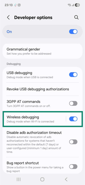 The "Developer options" page on an Android phone. The "Wireless debugging" option is highlighted and toggled on.