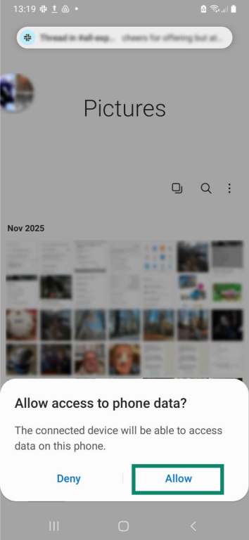 The camera gallery on an Android phone. There's a prompt asking for access to phone data, and the "Allow" button is highlighted.