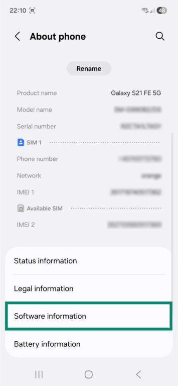 The "About phone" page on an Android. The "Software information" option is highlighted.