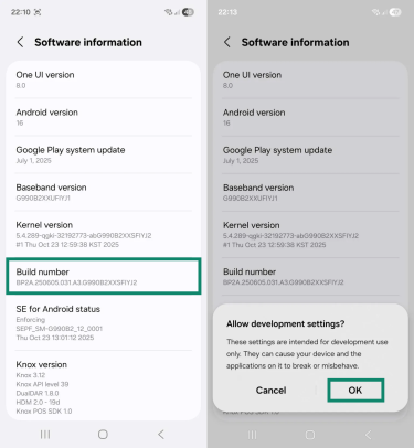 Two Android screenshots side by side. The first image shows the "Software information" page, and the "Build number" option is highlighted. The second image shows the same page with the "Allow development settings?" prompt on top of it. The "OK" button in the prompt is highlighted.
